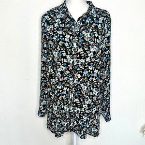J Jill Black Blue Floral Long Sleeve Button Down Layered Top Cottage M